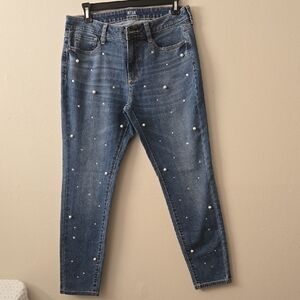 a.n.a Blue Pearl-Embellished Skinny Jeans